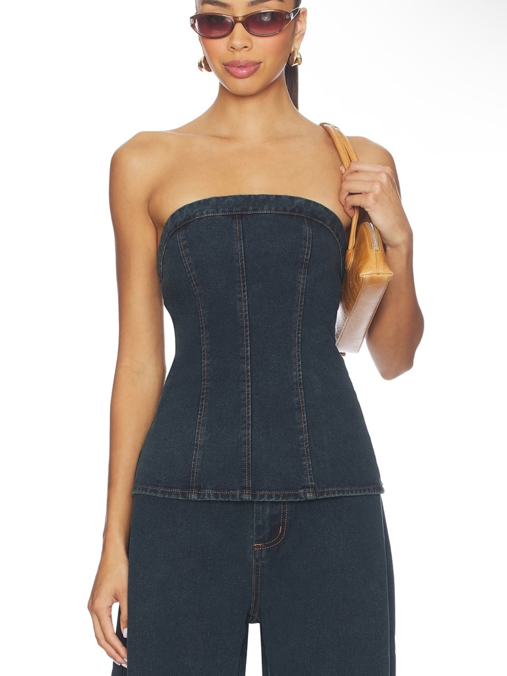 SNDYS Lex Denim Strapless Jean Zip Up Corset Top in Indigo Blue Revolve Large
